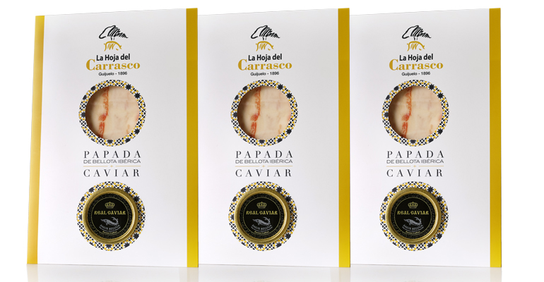 Papada ibérica de bellota adobada y ahumada, maridada con caviar