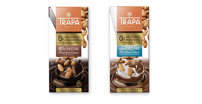 Chocolate con leche y almendras y chocolate negro 80% con almendras, sin azúcares añadidos