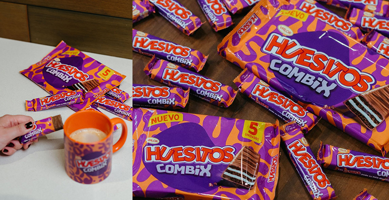 Huesitos Combix: crujiente barquillo, relleno blanco y cobertura de chocolate con leche