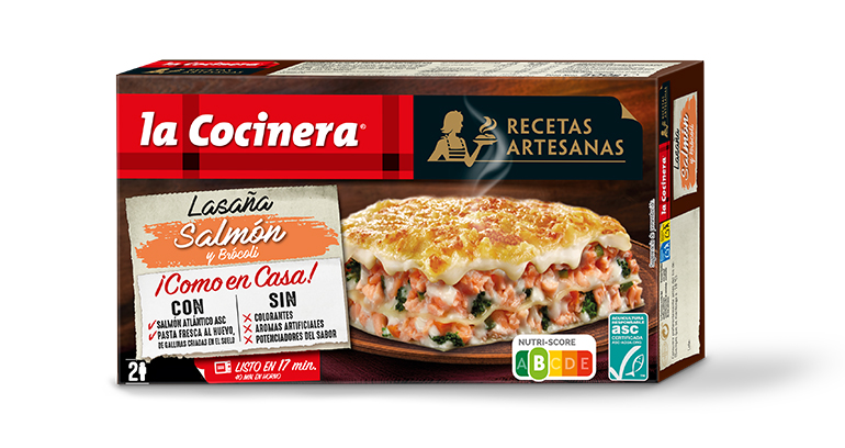 Lasaña de salmón y brócoli, NutriSocre B, Clean Label y con certificación de pesca ASC