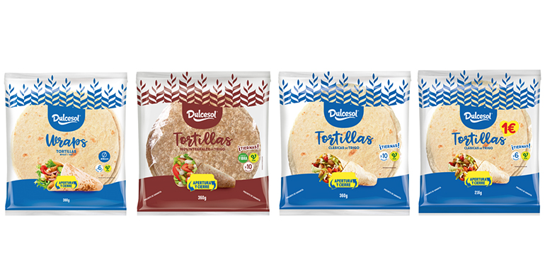 Tortilla de harina de trigo Dulcesol para fajitas y tacos en pan blanco e integral