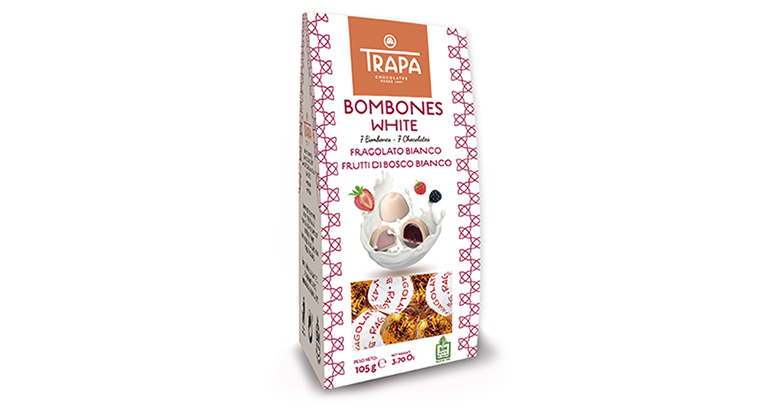 Trapa Bombones White, siete piezas de bombones de chocolate blanco libres de gluten y de aceite de palma